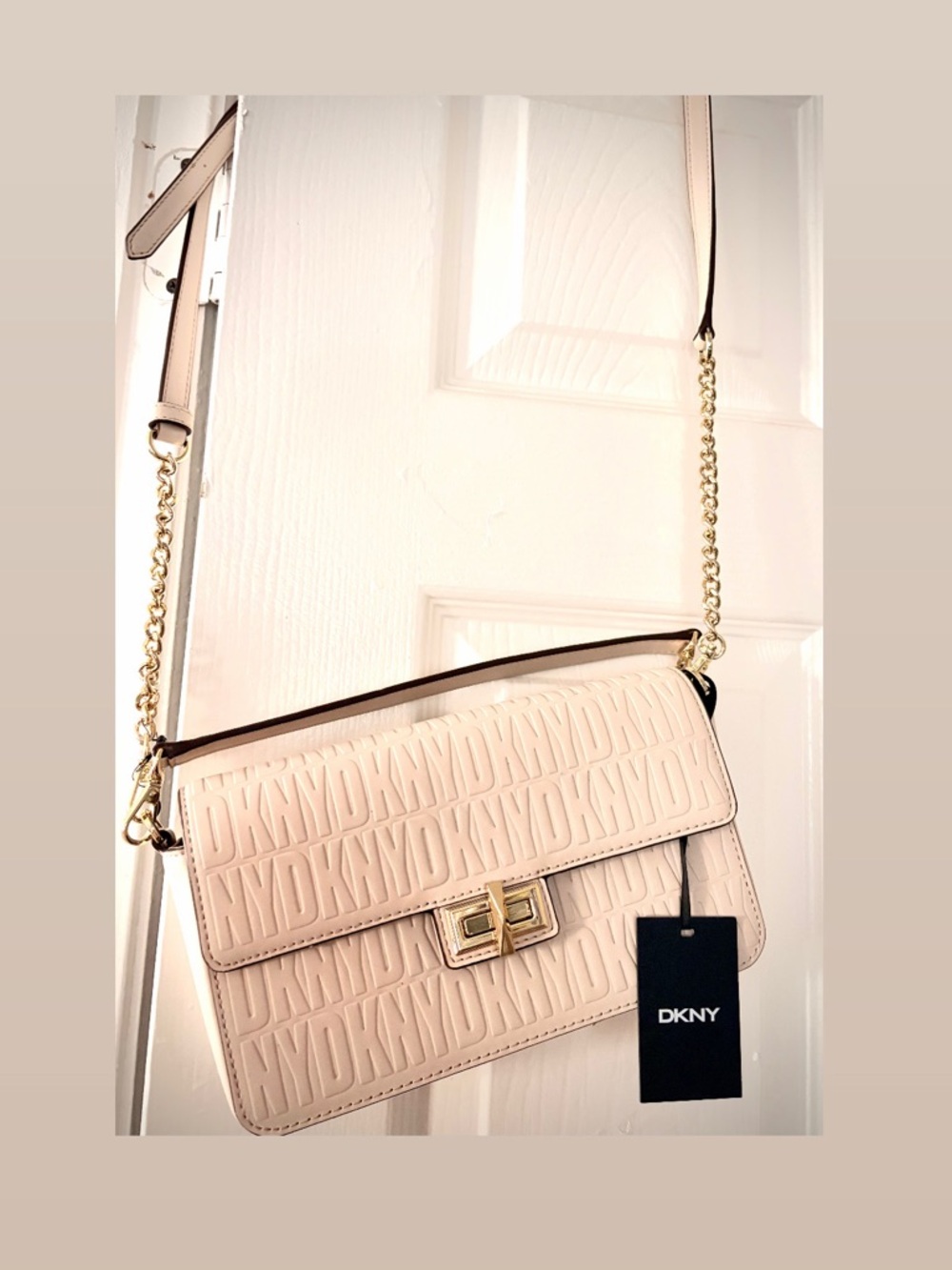 DKNY Blush Embossed Logo Shoulder Bag with Gold Chain